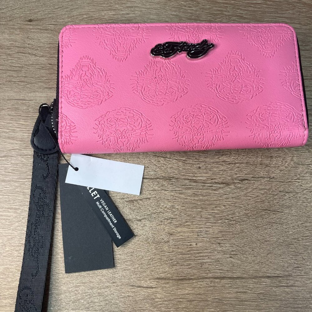 Ed Hardy Zip Around Wristlet Wallet Logo Tattoo Pink with Black Strap New